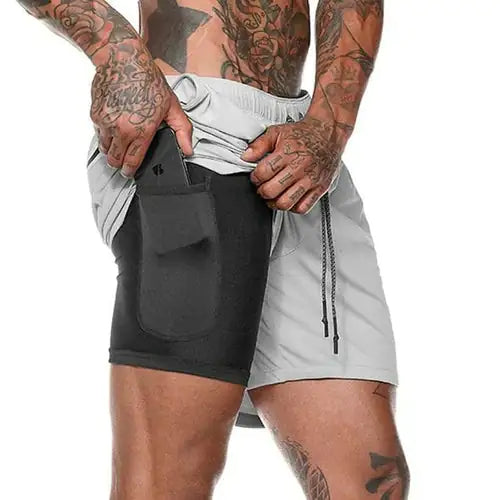 Men 2 in 1 Running Shorts Jogging Gym Fitness